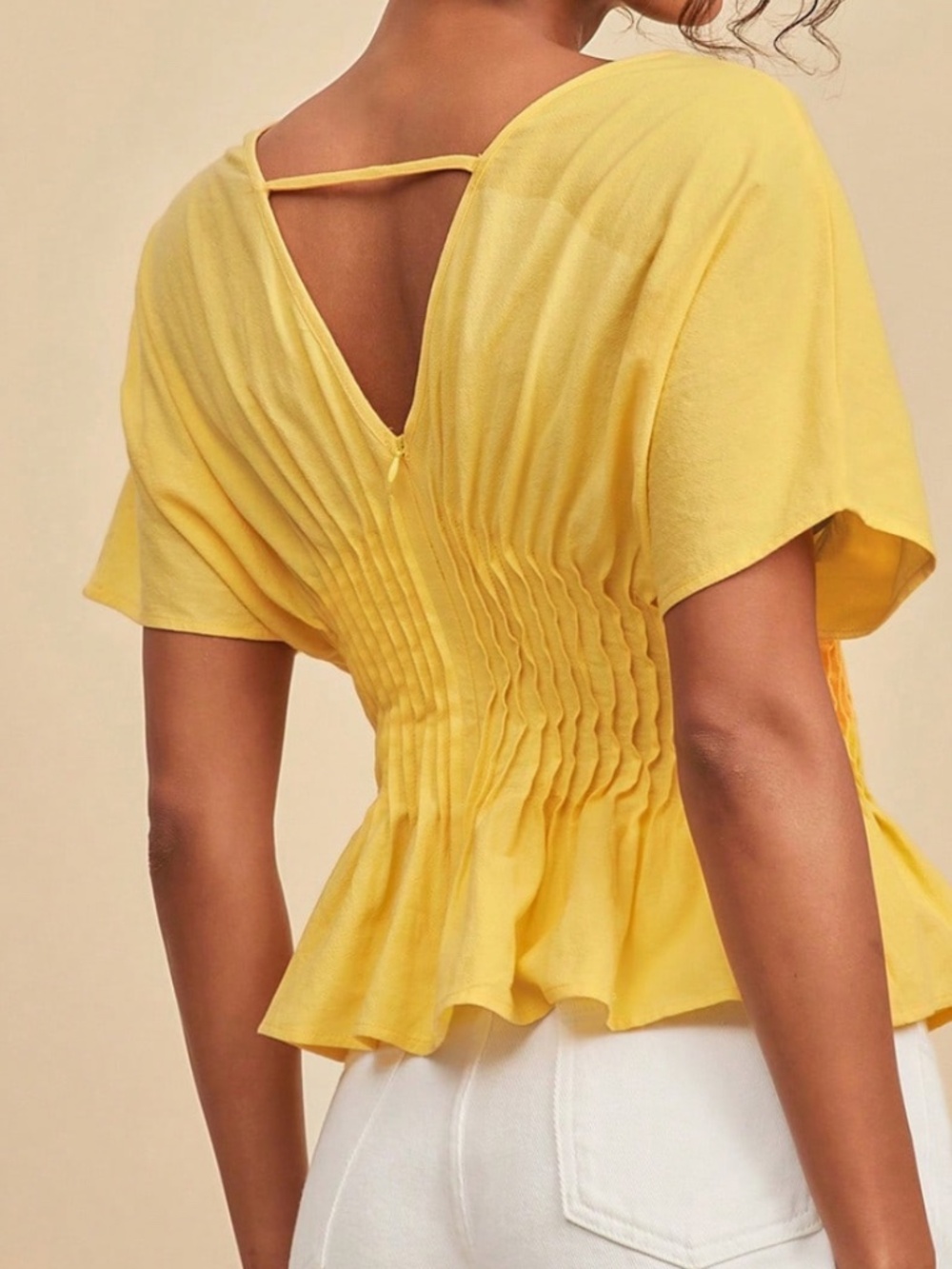 Solid V neck Pleated Batwing Sleeve Cotton Top - Picture 3 of 10